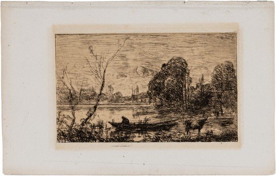 CAMILLE JEAN-BAPTISTE COROT - Ville d'Avay: l'etang au batelier (Effet du soir)