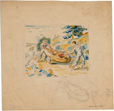 COLIN PAUL EMILE - Deux hommes poussant un canoe sur un support a roues