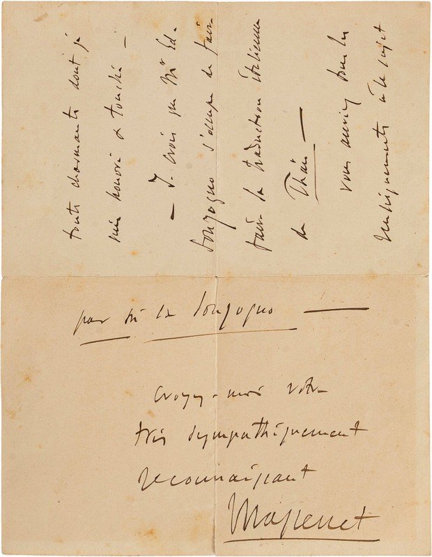 Jules Massenet - Lettera di tre facciate manoscritta e firmata