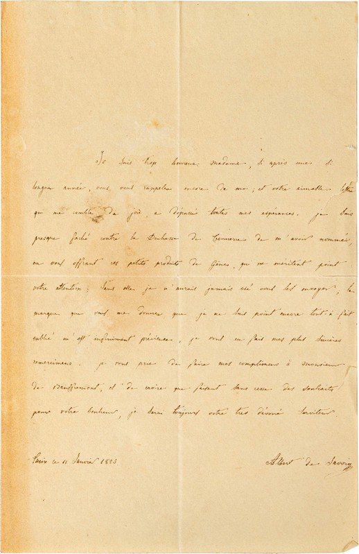 Carlo Alberto di Savoia - Lettera indirizzata alla principessa di Beauffremont