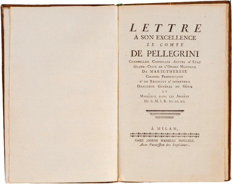 Lettre à son excellence le comte De Pellegrini, Chambellan Conseiller Colonel proprietaire d'un regiment d'infanterie, Directeur Generale du Genie
