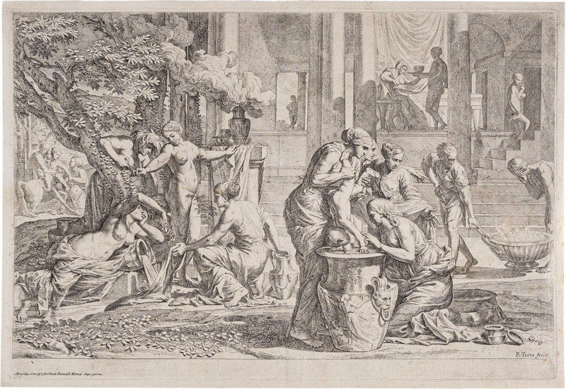 Arnold van Westerhout (Anversa, 1651 - Roma, 1725) da invenzione di Pietro Testa detto il Lucchesino (Lucca, 1612 - Roma, 1650) - Teti immerge Achille nell'acqua dello Stige