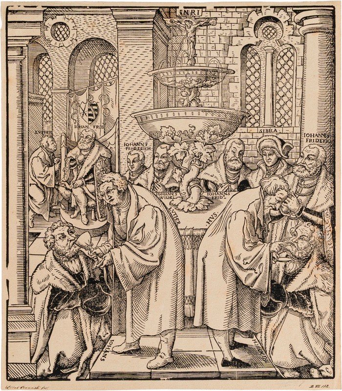 Lucas Cranach il Vecchio (Kronach, 1472 - Weimar, 1553) - I riformatori Lutero e Hus che danno la comunione ai principi della casa di Sassonia
