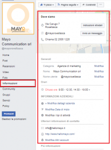 Pagina informazioni della fanpage facebook di mayo communication