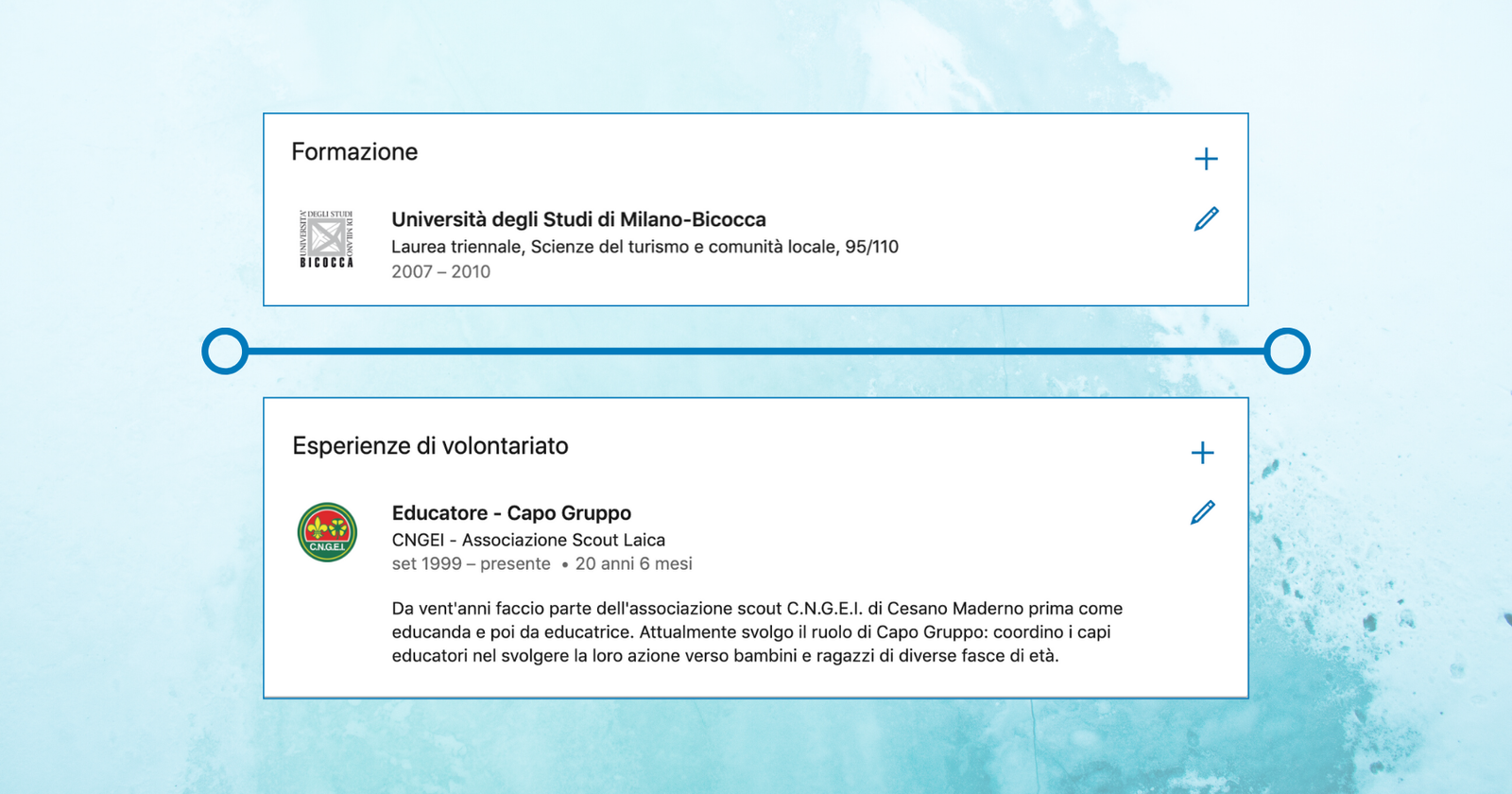 Schermata di formazione e volontariato profilo LinkedIn