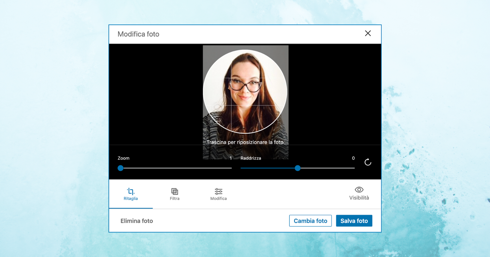 Schermata di foto profilo corretta LinkedIn