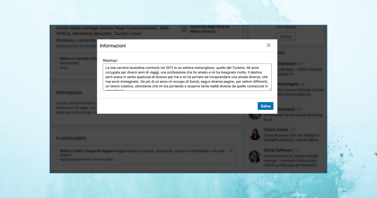 Schermata di un sommario LinkedIn scritto correttamente